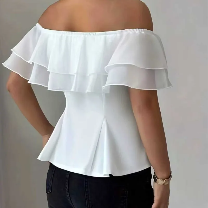Sexy Off Shoulder Slash Neck Ruffle Women's Blouse Top Summer White Sleeveless Slim Blouses Elegant Office Lady Shirts Tops view 2