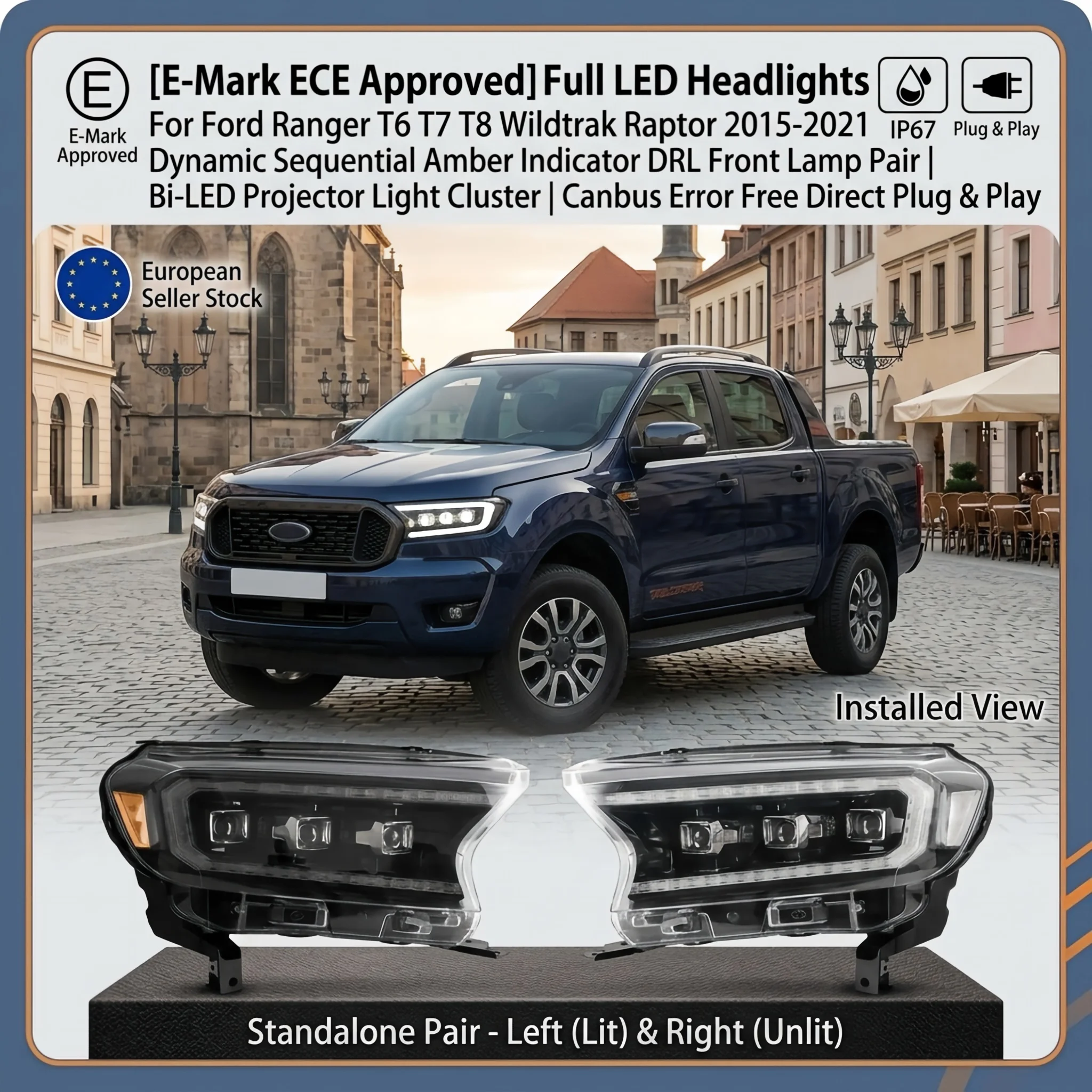 E-Mark ECE-zugelassene Voll-LED-Scheinwerfer für Ford Ranger T6 T7 T8 Wildtrak Raptor 2015-2021 |   Dynamische Sequenzielle Bernsteinfarbene Blinker DRL Frontscheinwerfer-Paar |
