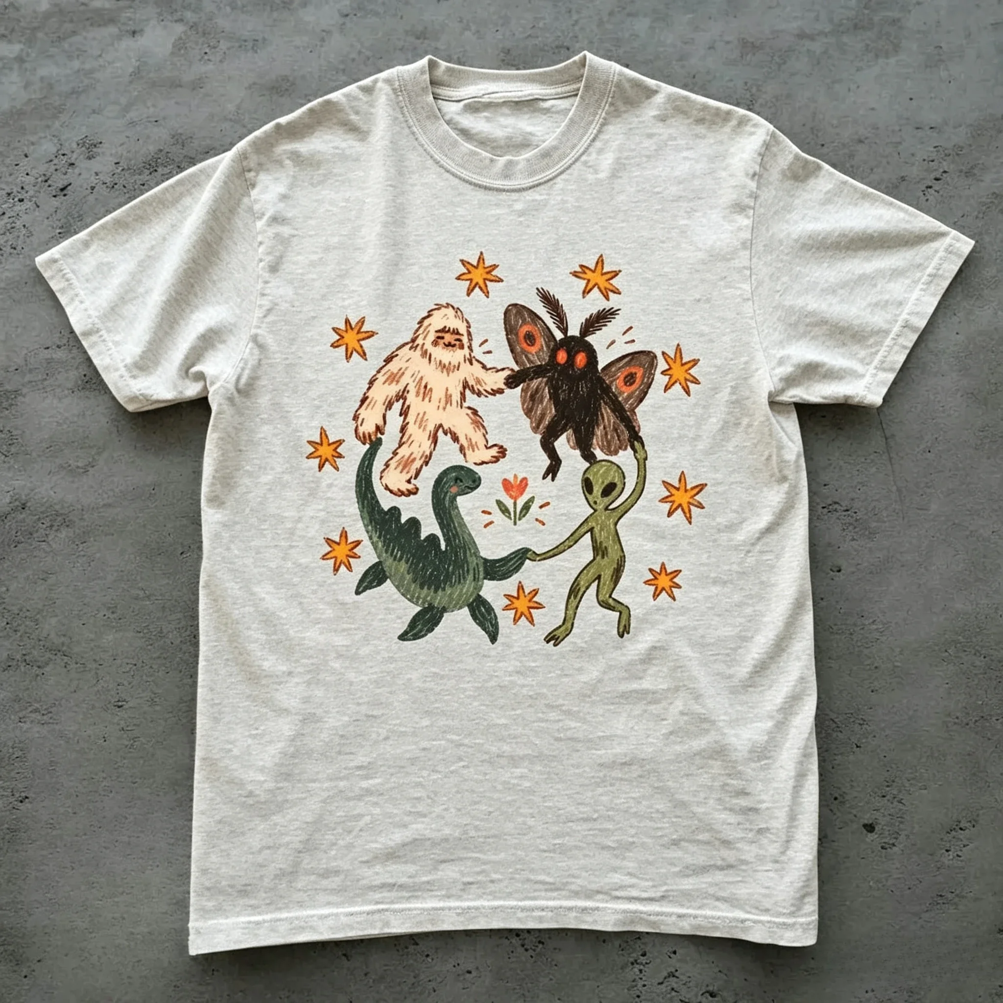 Cryptid Creatures Men's Bigfoot Mothman Alien Loch T-Shirt Ness Monster Print Retro Cartoon Streetwear Casual
