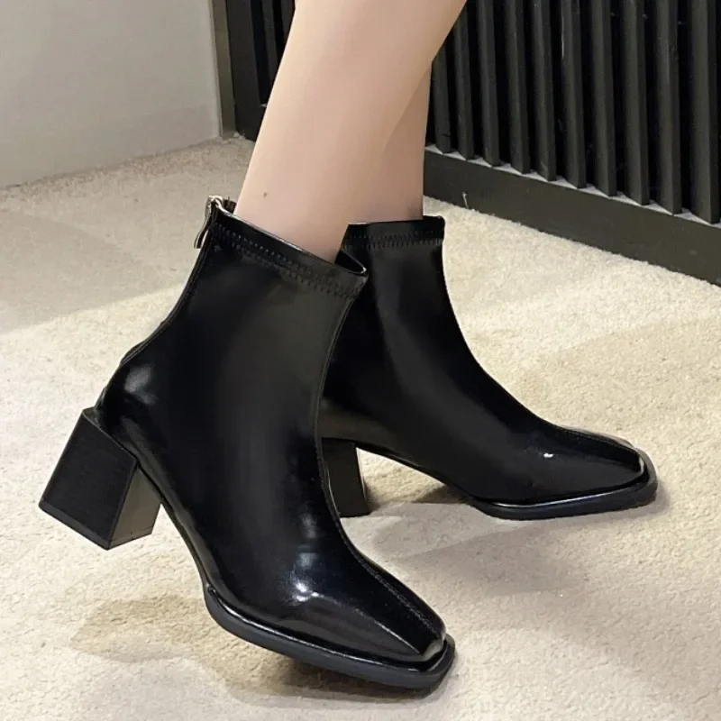 Shoes Female 2023 Hot Sale Zipper Women's Boots Autumn Square Toe Solid Short Barrel Platform Chunky Heels Fashion Naked Boots