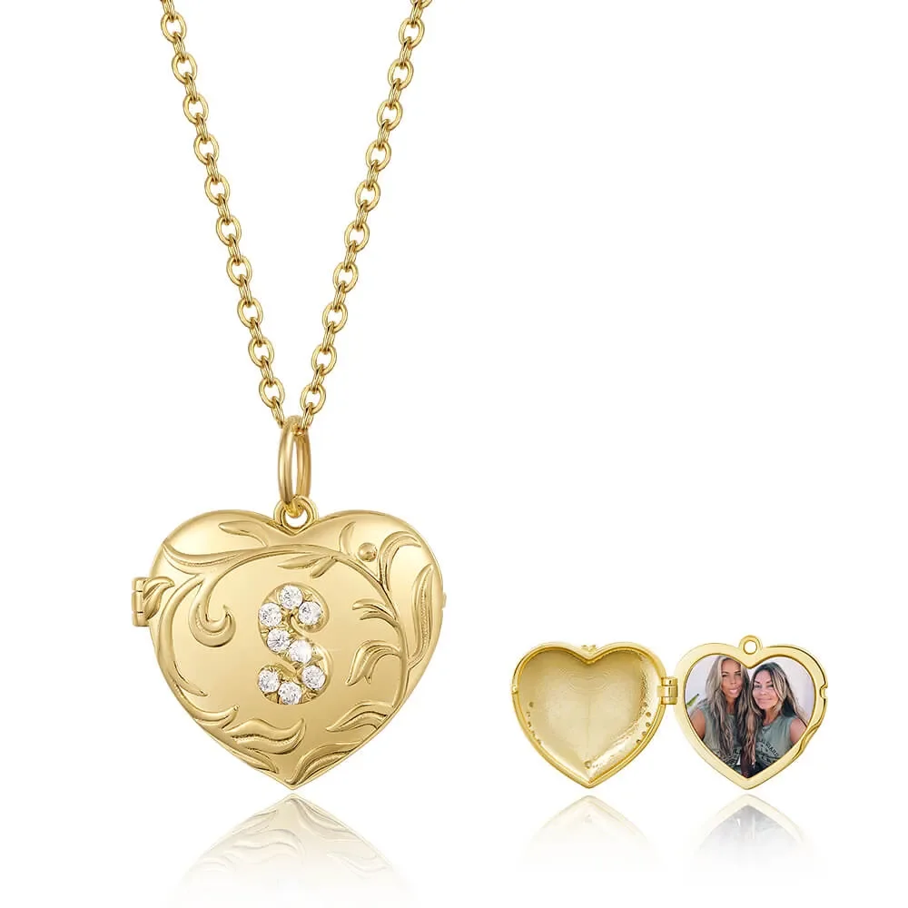

Custom Heart Locket Necklace Personalized Photo Inside Floral Design Diamond Accents Dainty Chain Memory Keepsake Valentines