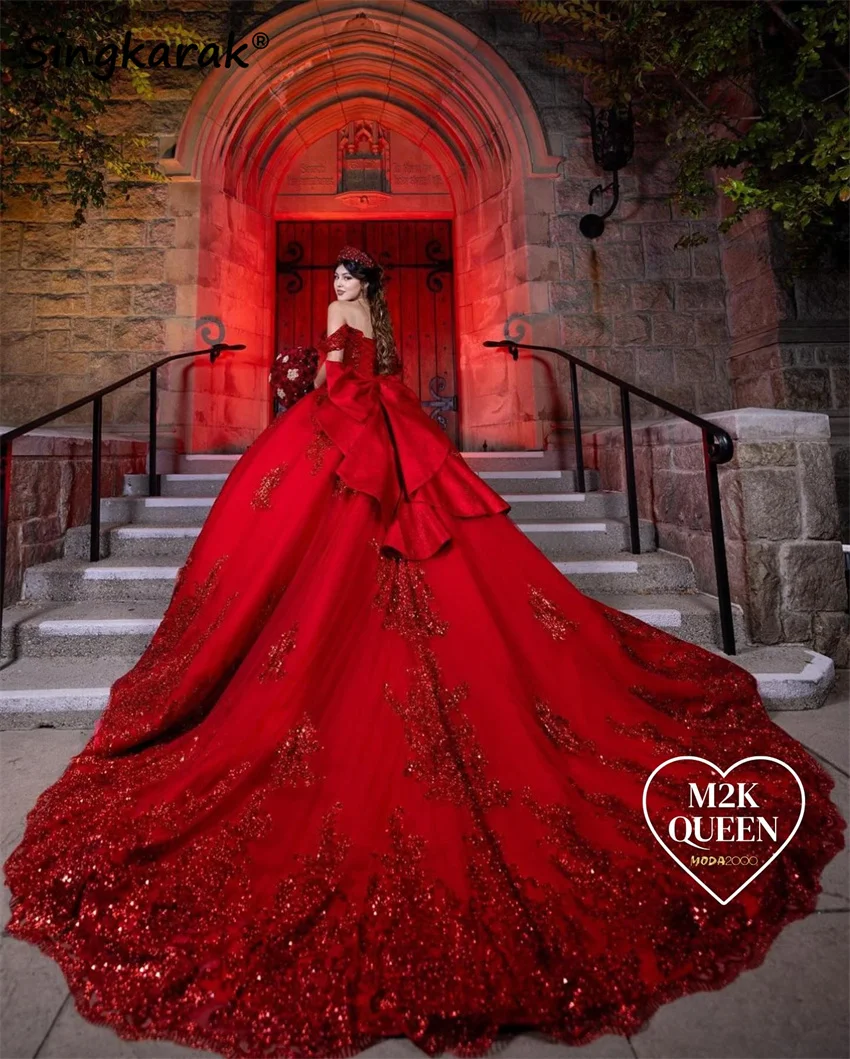 Exquisite Red Sequins Appliques Quinceanera Dress Ball Gown Beads Crystals Pearls Bow Vestido Princesa Court Train Customized 