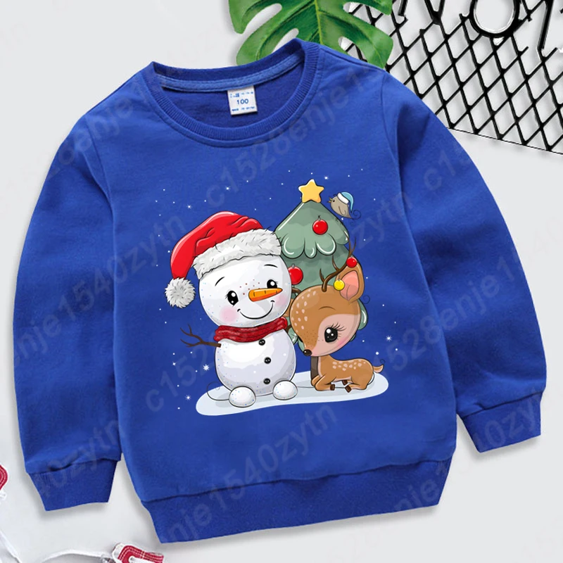 Christmas Tree Snowman Reindeer Print Pullovers Round Neck Kids Boys Girls Hoodeless Sweatshirts Long-sleeved Autumn Sweatshirts