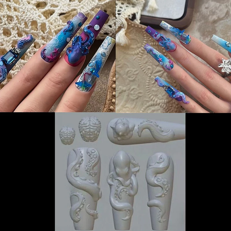 3D Silicone Transparent Nail Mold Bunny Strawberry Ocean Octopus Cartoon Rabbit Flower DIY Nail Art Decor Manicure Design Tool