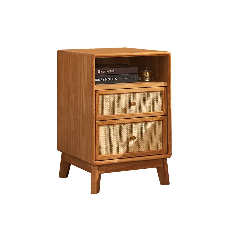 Nordic solid wood bedside table, small apartment sofa side cabinet, simple rattan edge storage cabinet, corner storage small