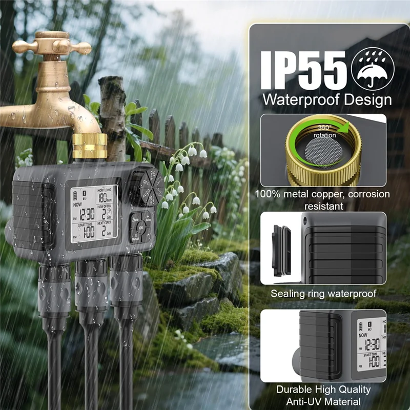 

B62B-Water Timer Irrigation System 3-Outlet Digital Garden Sprinkler Programmer Automatic Watering Tools