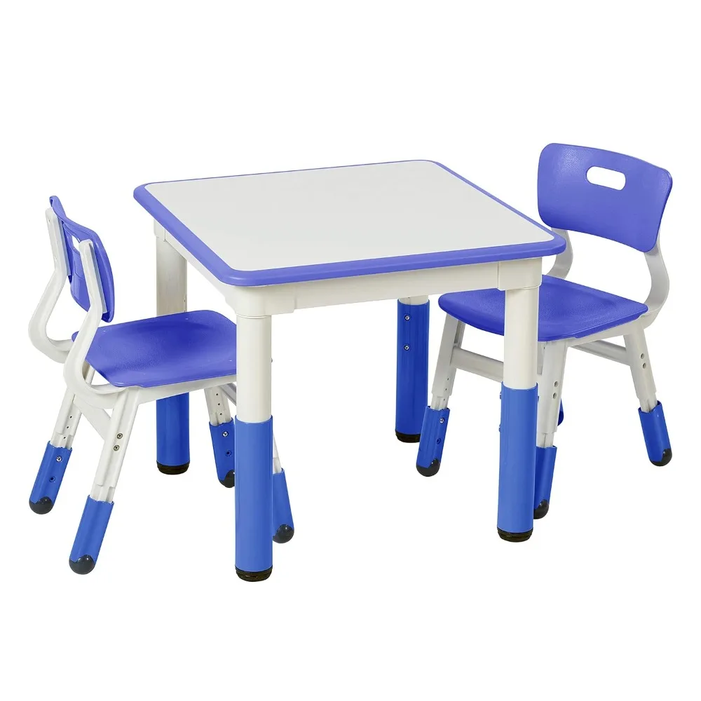 Table Dry-Erase Square Activity  with 2 Chairs, Adjustable Kids Furniture Blue 3-Piece, 28.5 x 28.3 x 5.1 inches Table