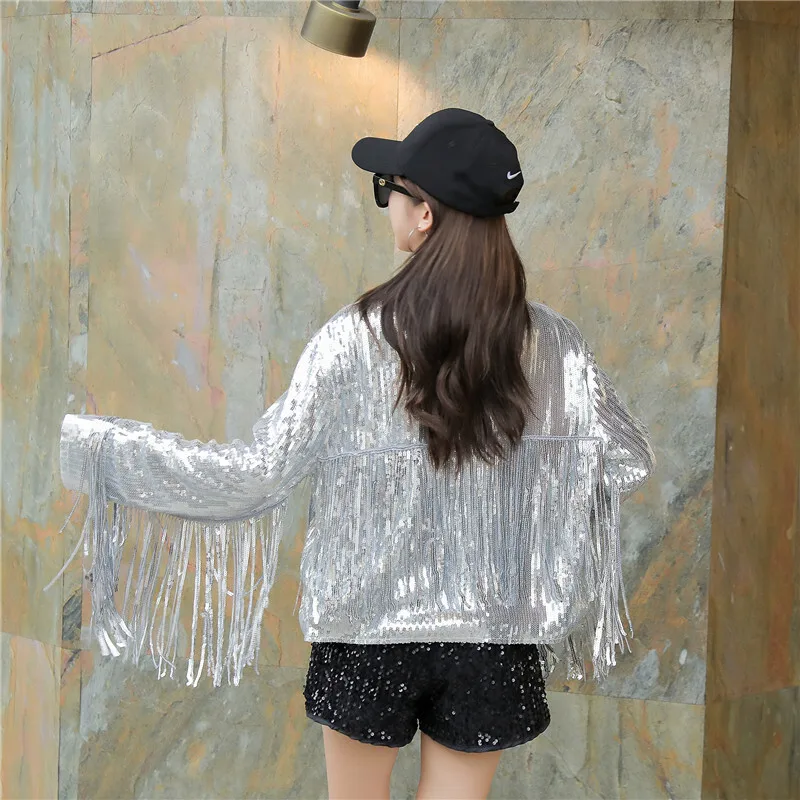 #0113 Gold Silver Black Red Blue Sequined Jacket Women Tassels Streetwear Hip Hop Jacket Ladies Cardigam Kimono Jackets Short