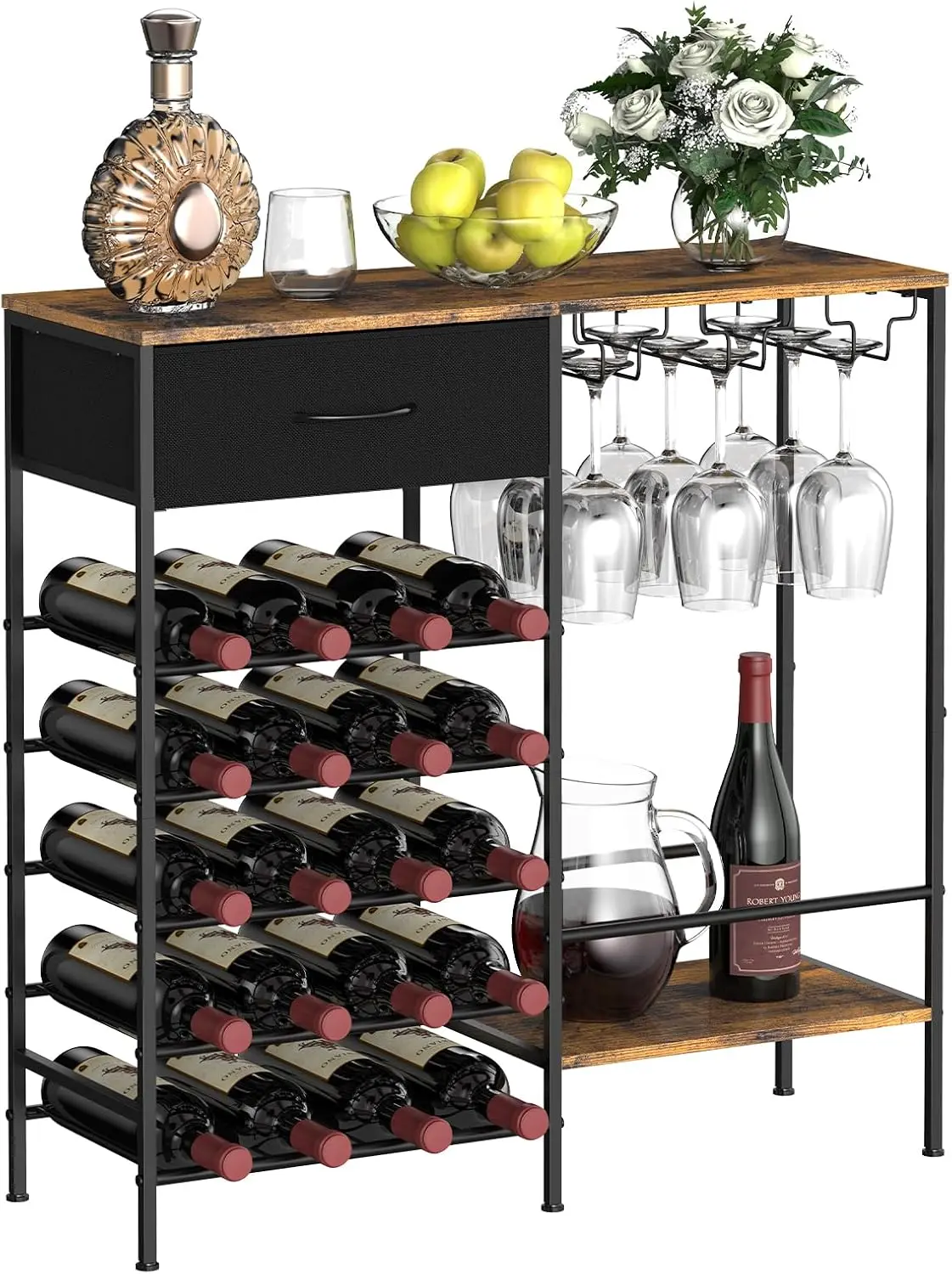 

Freestanding Wine Rack Cabinet with Glass Holder, Mini Home Bar for Kitchen, Dining Room, Living Room Storage