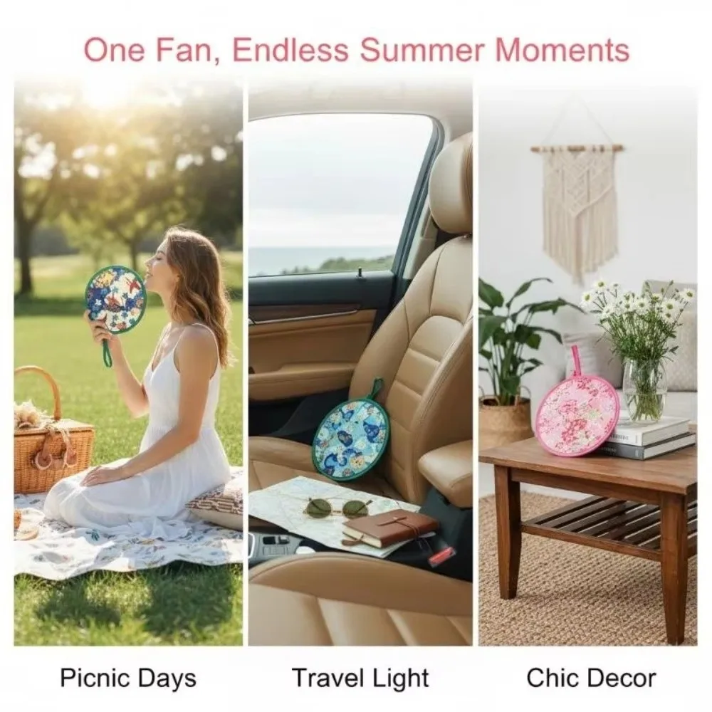 New Portable Round Hand Fan Floral Retro Travel Round Fan Mini Pocket Cooling Fan Summer Travel
