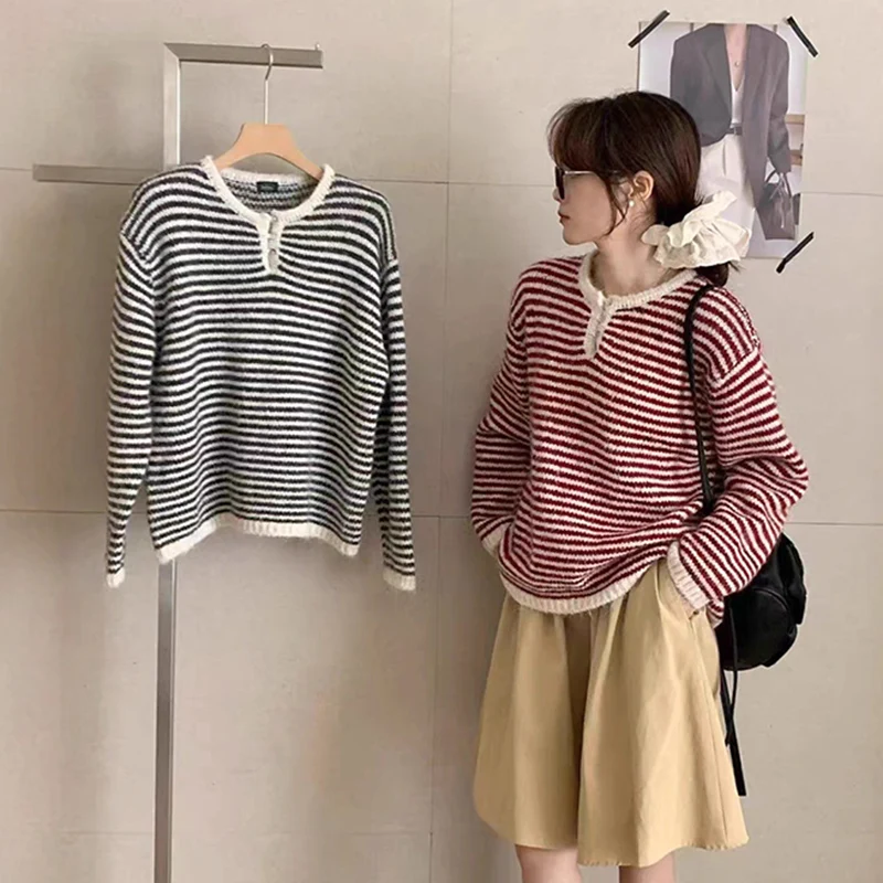 

Harajuku винтажный полосатый свитер для женщин, модные вязаные пуловеры с v-образным вырезом на пуговицах, осень-зима, повседневные теплые уличные джемперы