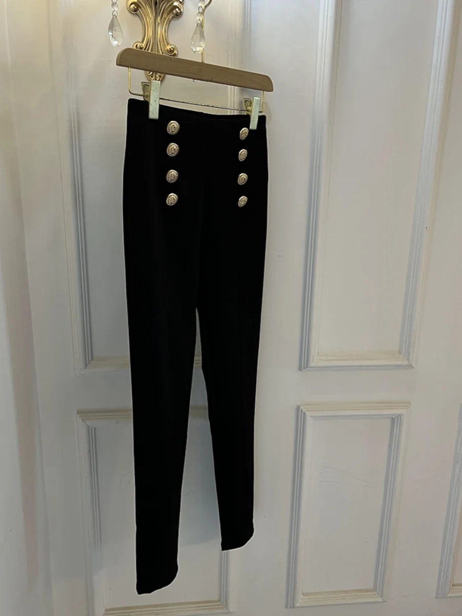 

Новинка 2023 года, утягивающие эластичные длинные брюки с двойной пуговицей и металлическим львом, брюки-карандаш 6685, женские леггинсы Faion