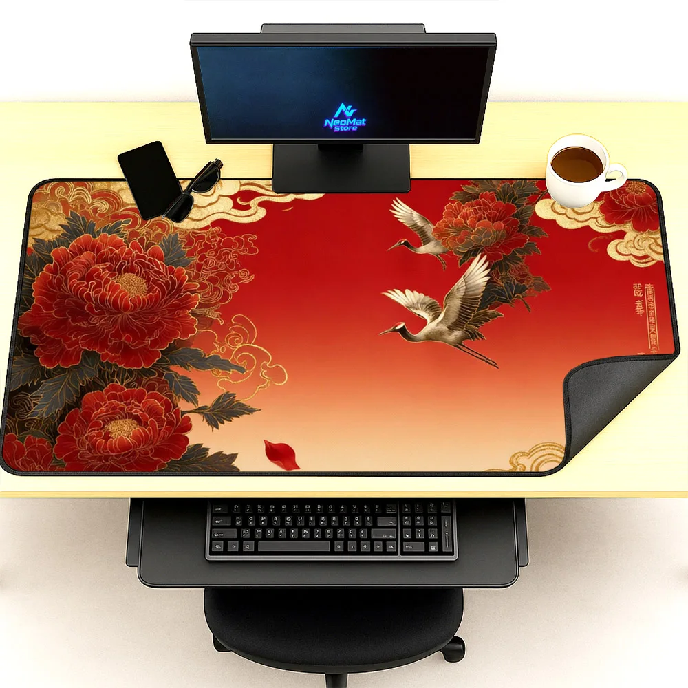 Red Chinese Mouse Pad Crane Rug Peony Computer Mat Pc Decoration Mousepad Xxxl 1200x600 Carpets 1600x600 Office Desk Mat Gaming