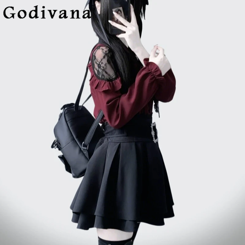 긴팔 셔츠와 블랙 숏 스커트 여성용 레이스업 스윗 투피스 스커트 슈트 여성 일본 스타일 로리타 세트