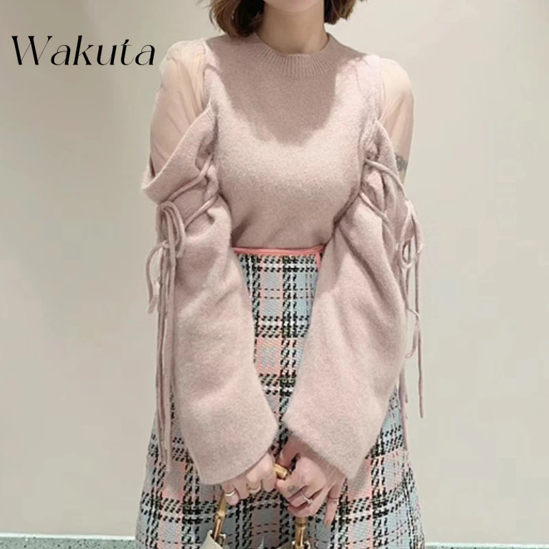 WAKUTA Japanese Temperament Round Neck Long-sleeved Tie Sweaters Fall and Winter Elegant Mesh Strapless Tie Pullovers 여성 반팔 니트