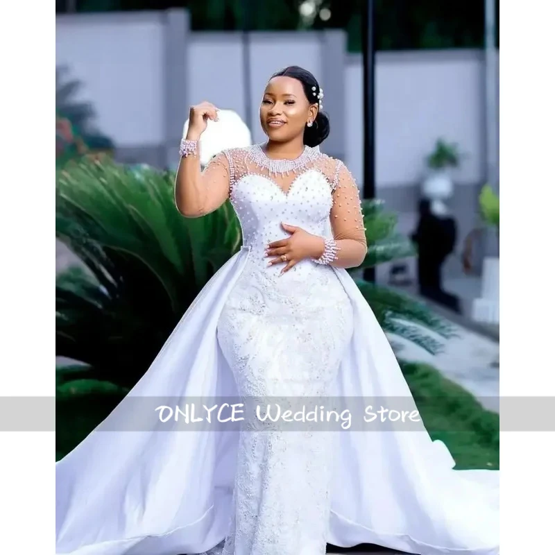Customized African O Neck Shinny Pearls Beads Mermaid Wedding Dress for Bride Long Sleeves Bridal Gown with Removable Skirt