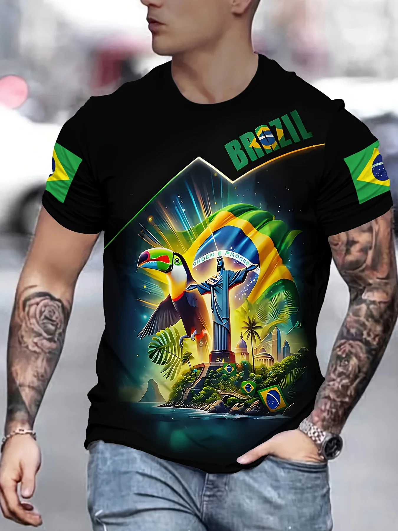 الرجال البرازيل تحت عنوان ثلاثية الأبعاد مطبوعة الجرافيك تي شيرت نابضة بالحياة الاستوائية تصميم منتظم صالح عادية قصيرة الأكمام تي شيرت في الهواء الطلق الشارع الشهير
