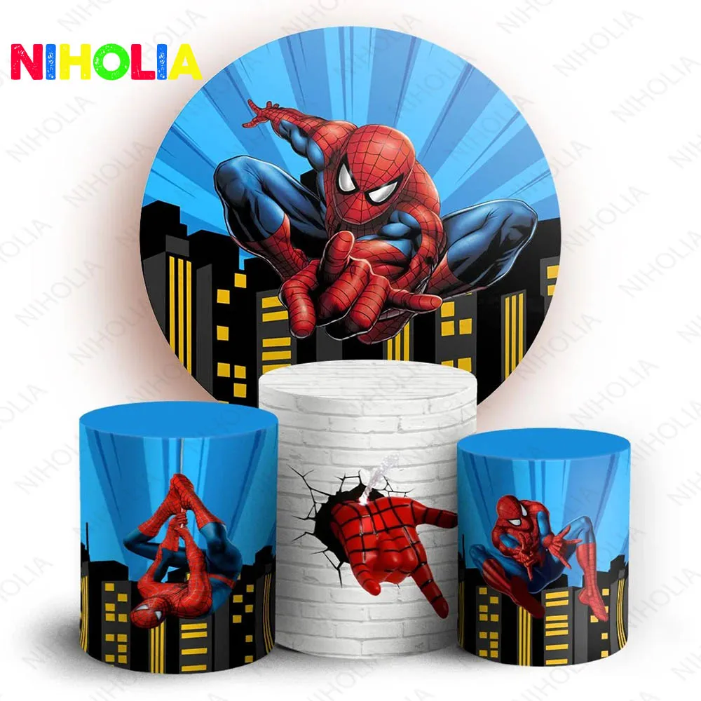 Disney Spiderman Round Backdrop Boys Birthday Party Decoration City Building Background Elastic Cylider Cover Photo Booth Prop