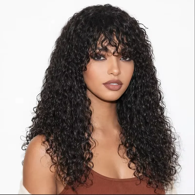 Soft 26“Long Natural Black Kinky Curly 180Density Lace Front Wig With Bangs Synthetic For Women High Resistant Glueless Daily