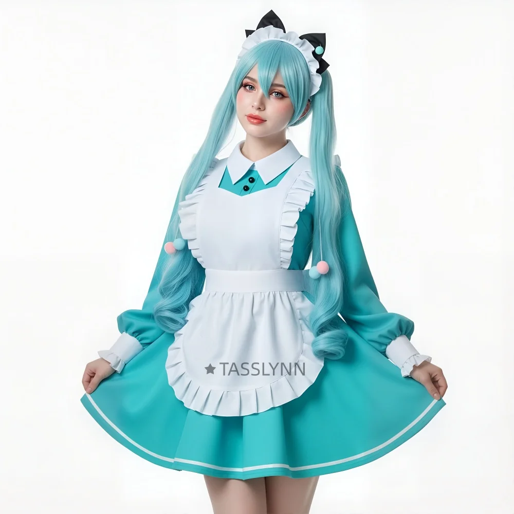 

Костюм горничной для косплея: синее платье с длинными рукавами, белый фартук, повязка на голову и аксессуары с бантом. Набор костюмов горничной в стиле аниме Микку.