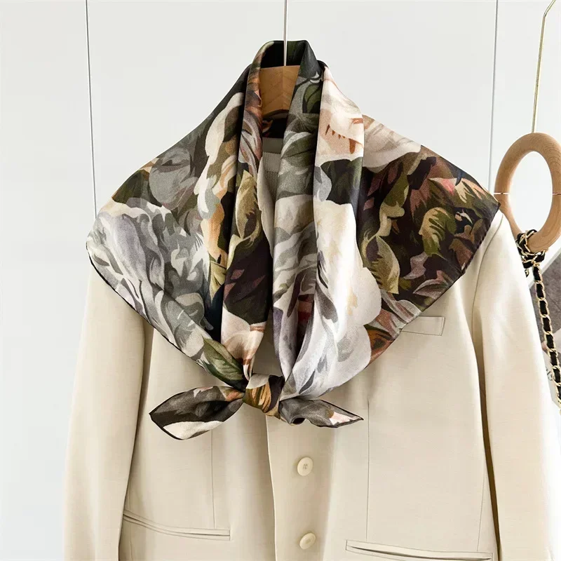 2026 Tulip Print 100% Mulberry Silk Square Scarf Women 88cm Neck Warmer Soft Korean Style Long Wrap Gift Fashion Elegant Daily