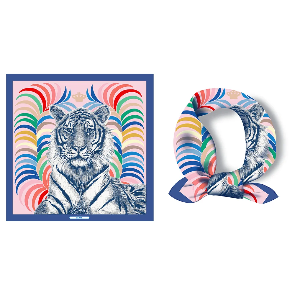 Twill-Seidenschal für Damen, indischer Tiger-Druck, quadratische Schals, Wickel, Bandana, kleine Hijabs, Seidenfoulards, Krawatte, Stirnband, Halstuch, 53 cm – Detail 1
