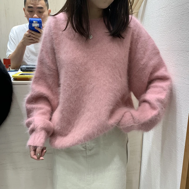 Korean Oversized Autumn Winter Pink Soft Mohair Knitted Loose Sweater New Chic Women O Neck Imitation Mink Thick Warm Pullovers