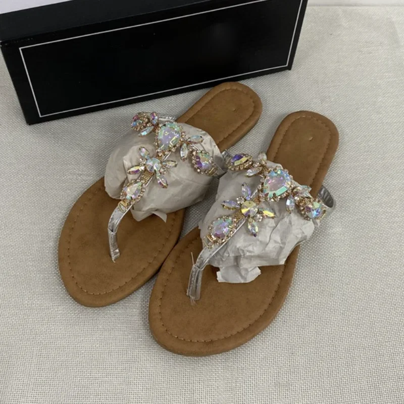 2024 Trendy Summer Women\'s Shoes Large Size Beautiful Crystal Shiny Flat with Female Sandals Bohemia Back Strap Footwear