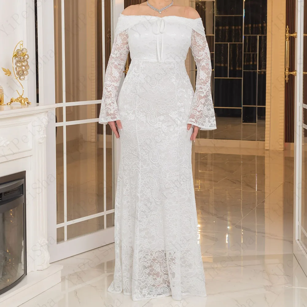 

Customized A-Line Prom Dresses Floor-Length Off The Shoulder Full Sleeve Evening Gown Simple Fashion Lace Draped Party Gown