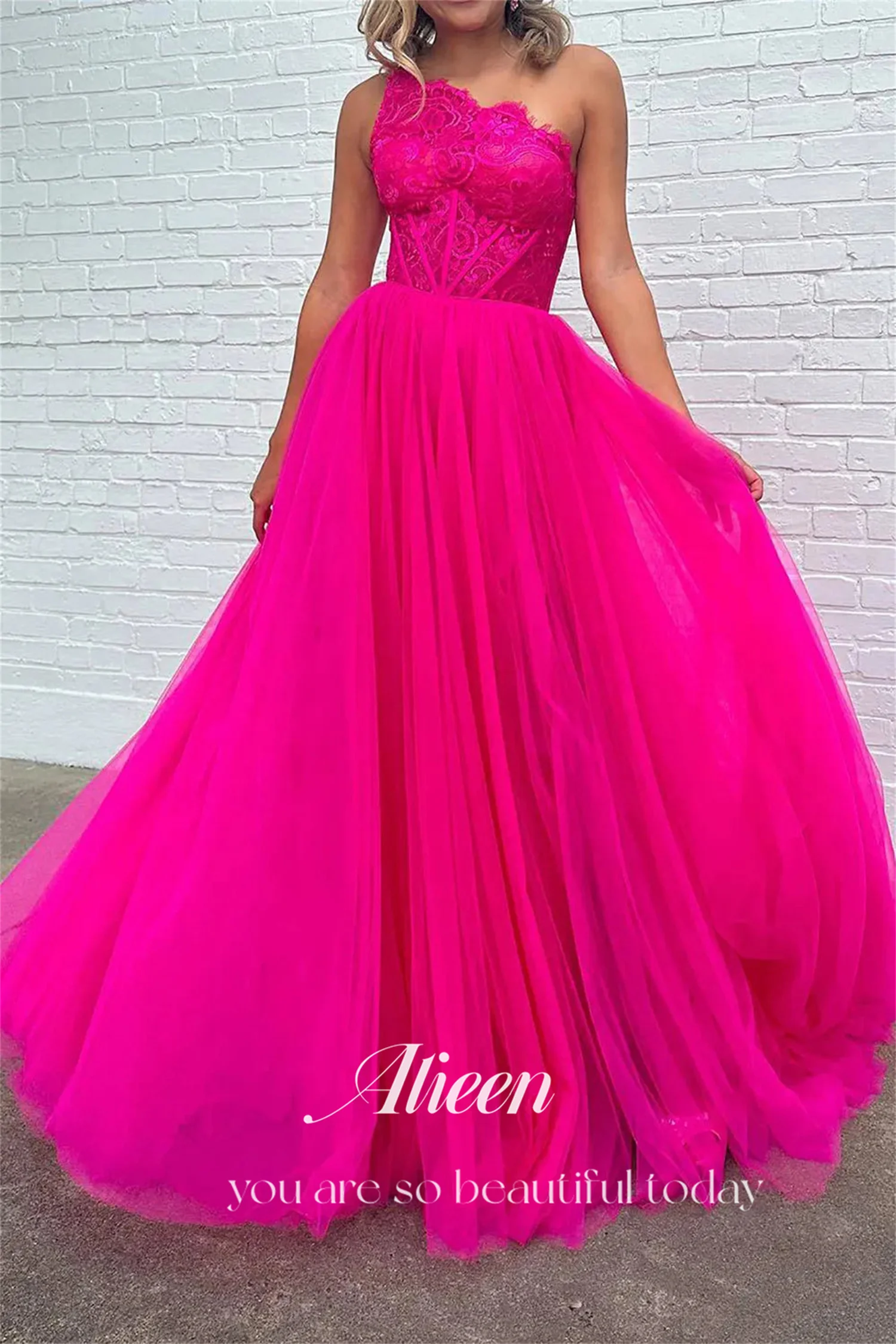 Vestidos de renda Aileen-A-Line para ocasiões formais, rosa vermelha, um ombro, festa de casamento, baile de formatura, luxo