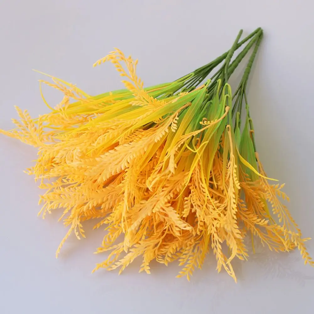 7 Forks Artificial Wheat Ears Rice Plant Bouquet Plastic Non Water Needed Wheat Ears Rice Plant Branch Realistic Yellow Flower