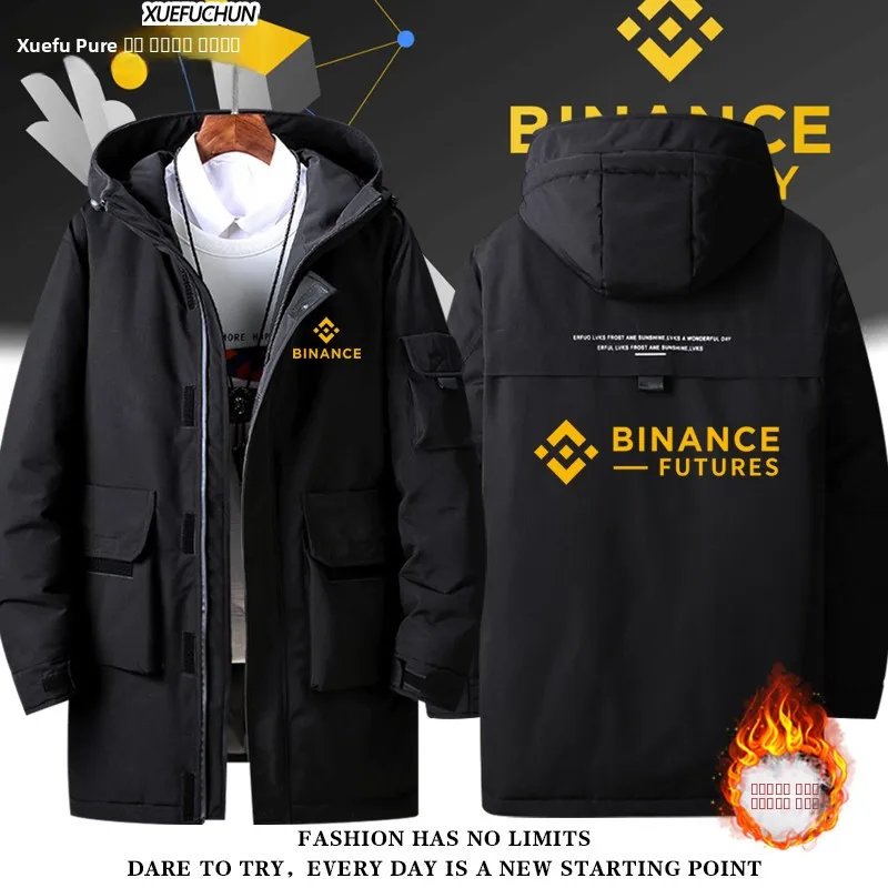 

Binance Cryptocy Men's down Jaet Coat Warm Thiened Long Sve Mid-Length Zipper Closure Hooded Faionable Clothing