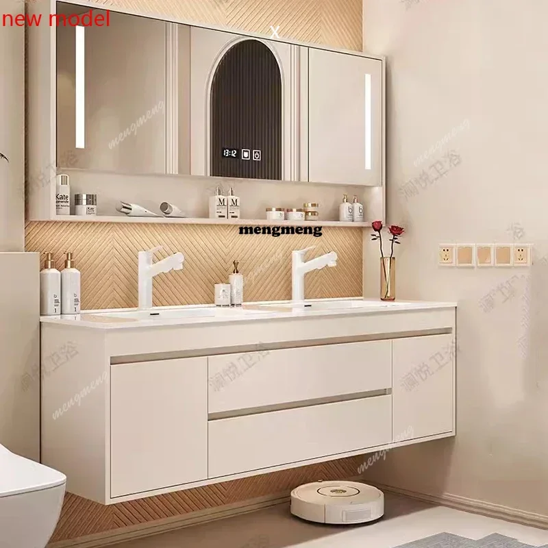 

H134Light Luxury Bathroom Cabinets Integrated Double Basin Solid Wood Smart Bathroom Cabinet Wash Toilet Banyo Dolabi Furniture