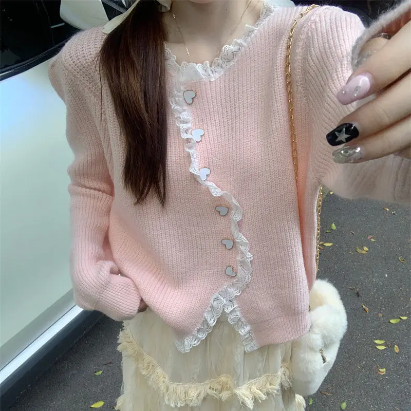 Korean Irregular Lace Patchwork Knitting Cardigan Coat Women Autumn Sweet All-match Sweater O-neck Solid Color Knitwear Tops