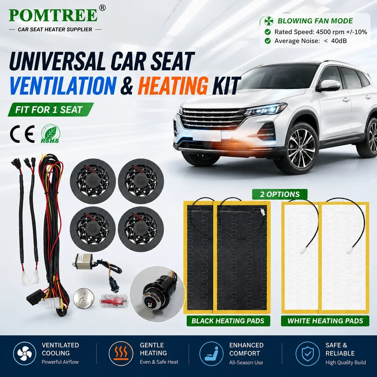 

Universal DV 12V Built-in Car Seat Ventilation and Heating System Kit Fit 1 Seat,With Rotate 3-level Switch Fans & Heating Pads