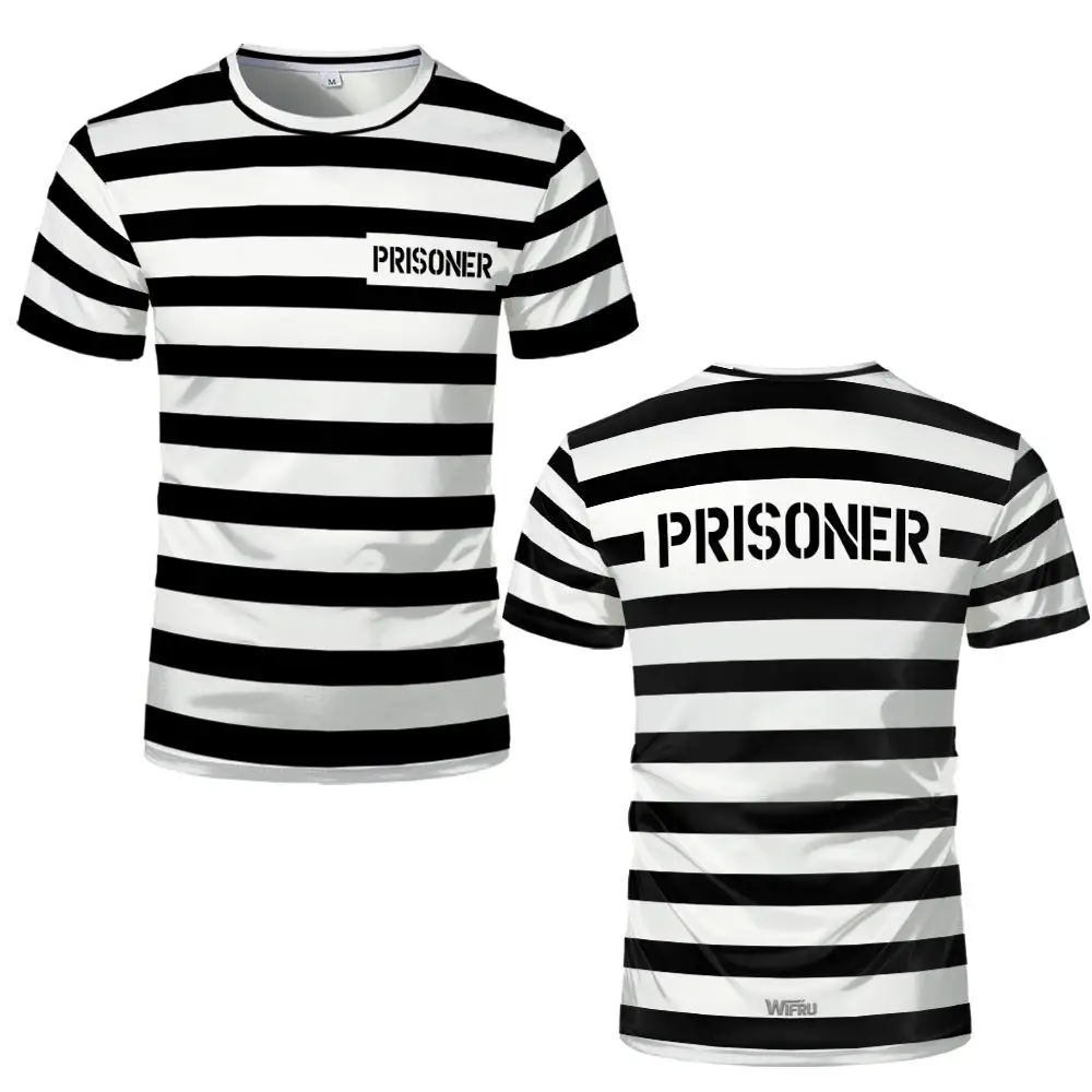 Abstract Prison Uniform Style Striped Print T-shirt Funny Role-playing Short-sleeved Top Unisex Humorous Personalized Streetwear