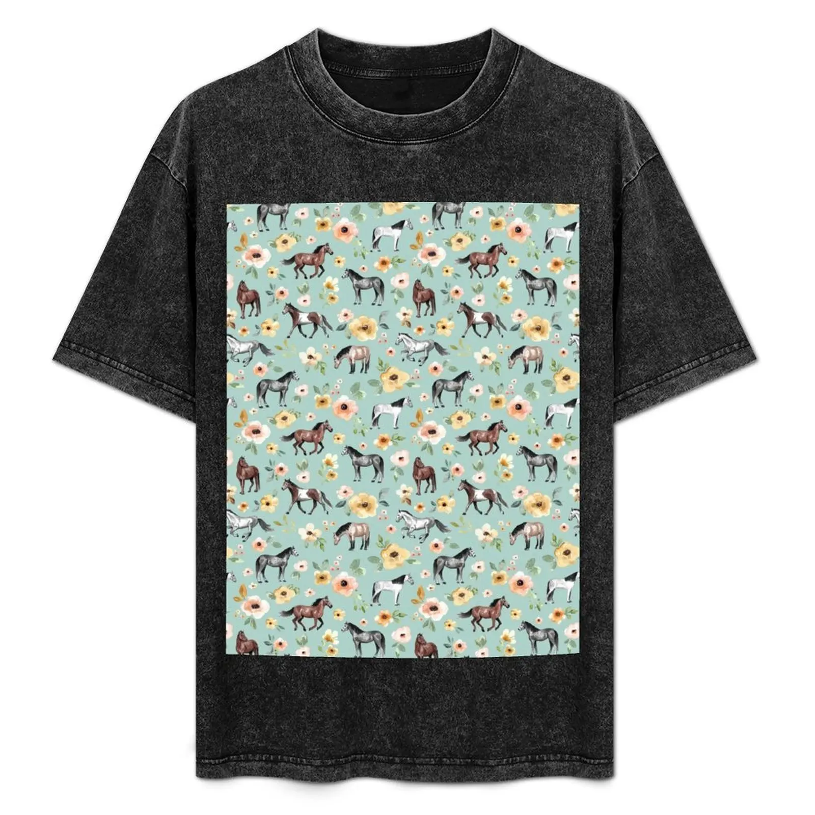 

Horses with Flowers, Sunrise Floral, Blue, Horse Decor, T-Shirt Large Size Basic Casual T-Shirt