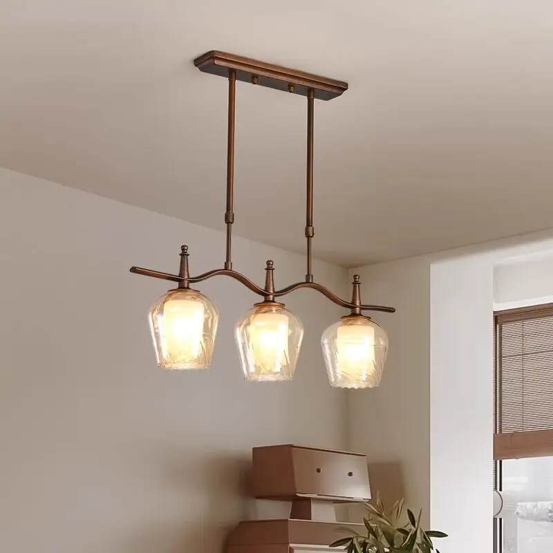 Antique Bronze Linear Chandelier 3 Light Amber Glass Shade Pendant Lamp Kitchen Island Dining Room Bar Counter Home Decor