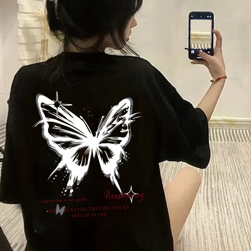 夏用レディース Y2K ホワイト Tシャツ - 非伸縮性ピュアコットン バックバタフライ柄 ルーズ デイリーカジュアルトップ