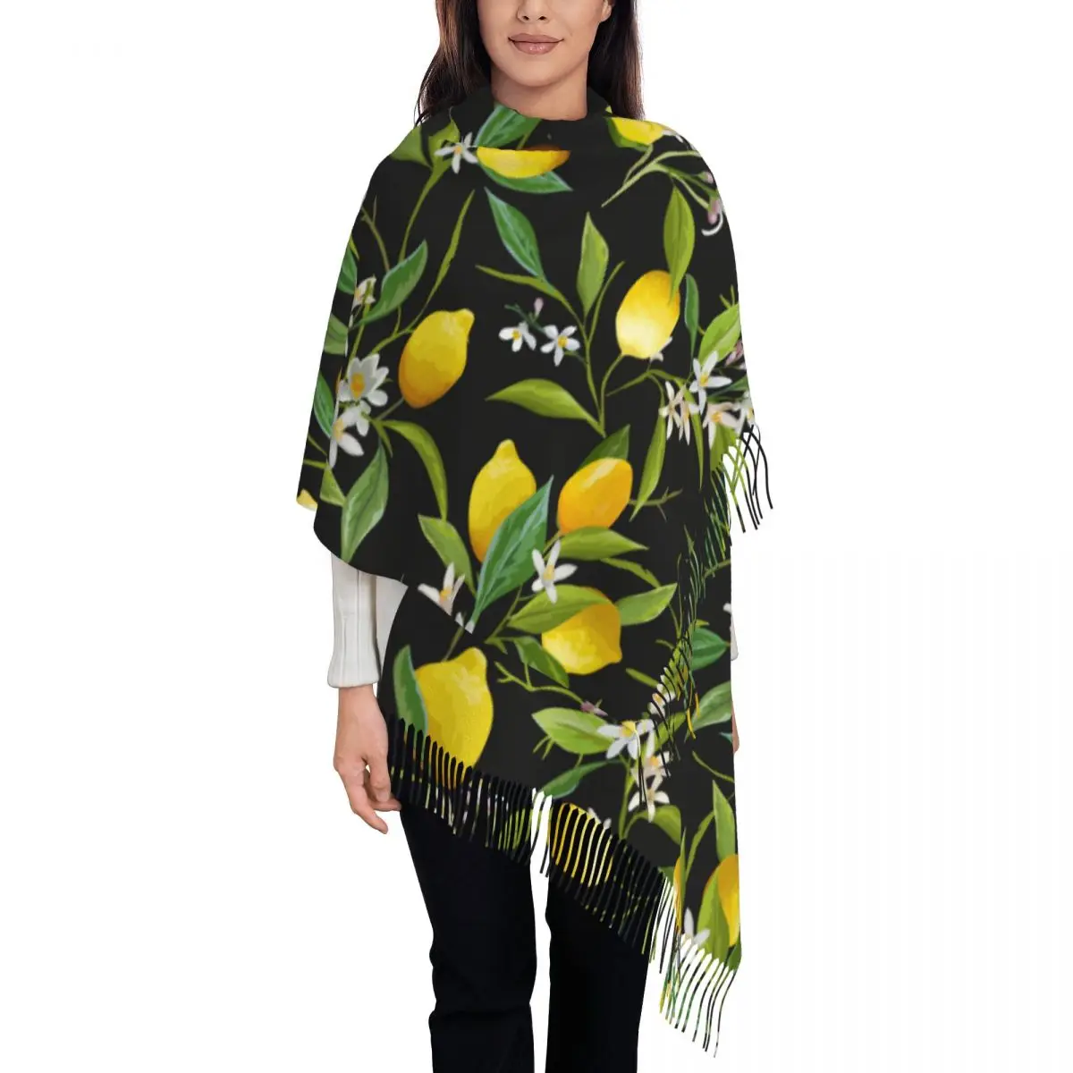 Winter Scarf Women Thin Warm Shawl Wrap Lemon Fruits Floral And Leaf Tassel Lady Blanket Echarpe Bufanda Hijab