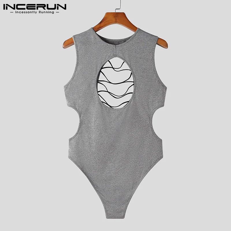 2023 Men Bodysuits Solid Color Hollow Out Sexy O-neck Sleeveless Male Rompers Tank Tops Backless Summer Fashion Bodysuit INCERUN