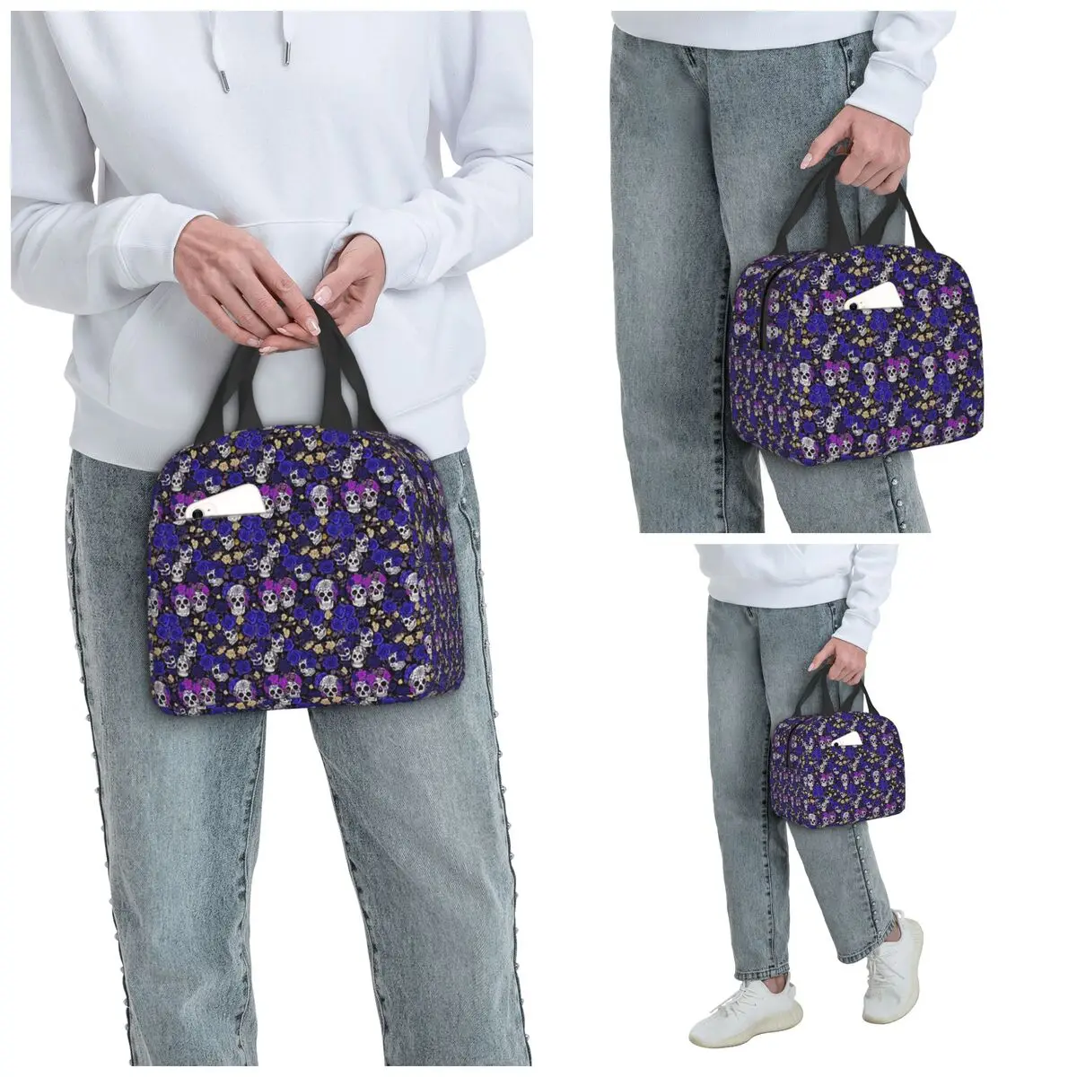 Gothic Violet Flower Skull Insulated Lunch Bag for Women Office Cooler Thermal Food Box Tote Portable Lunch Boxes Container