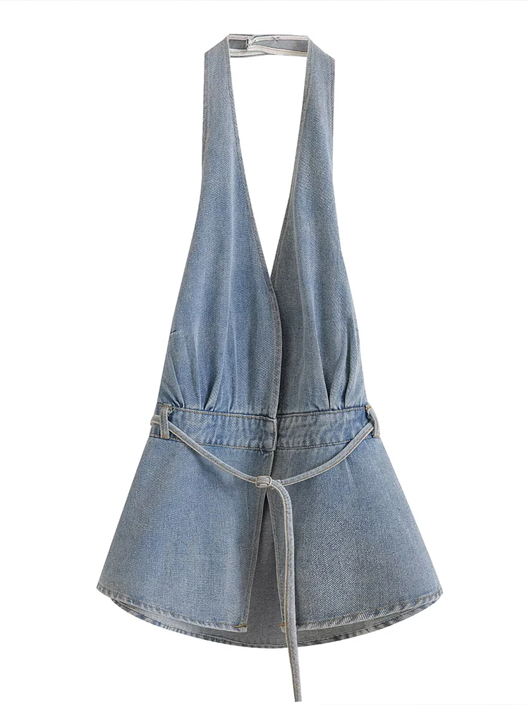 

European style new women's fashion versatile simple halter neck design backless sexy sleeveless denim vest top