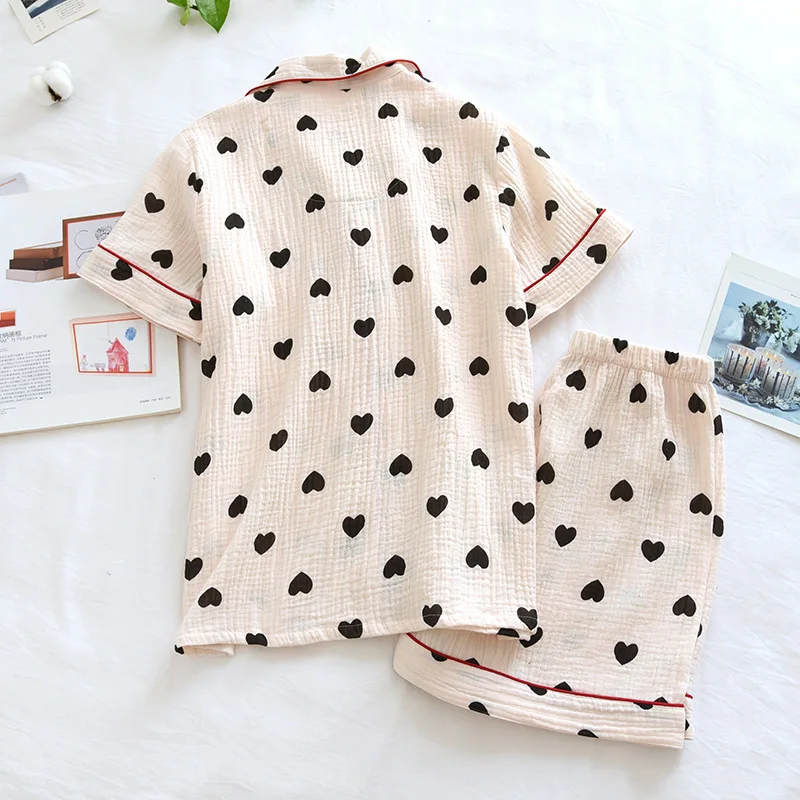 Small Fresh Summer Thin Short-sleeved Shorts 2PCS Women's Crepe Pure Cotton Pajamas Love Lapel Gauze Cotton Loungewear
