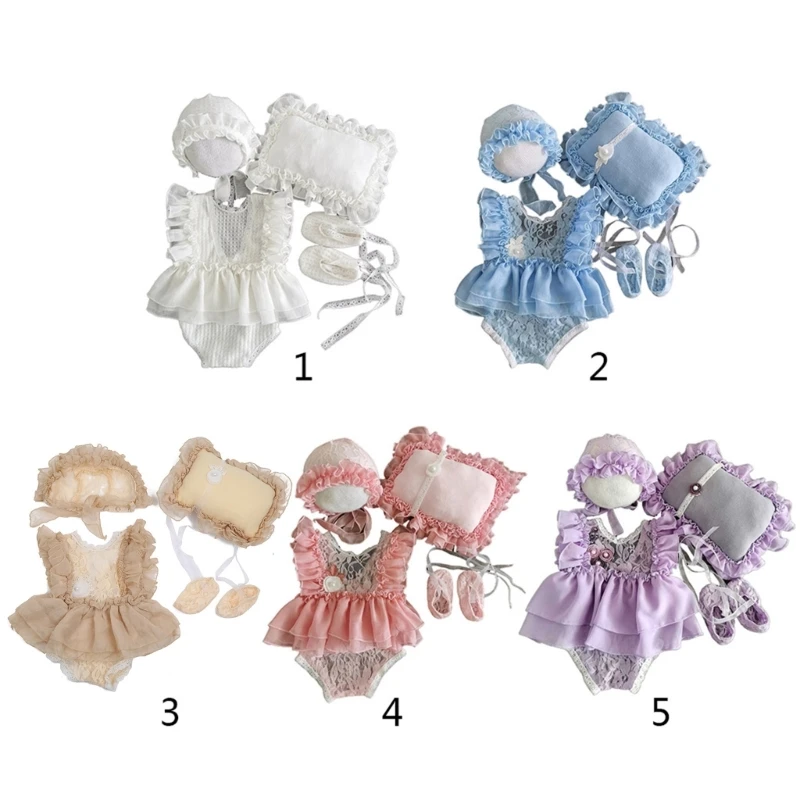 5 Pcs Newborn Photography Props Baby Lace Cute Romper Dress Hat Pillow Shorts Shoes Set Soft Cotton Bodysuit Jumpsuit