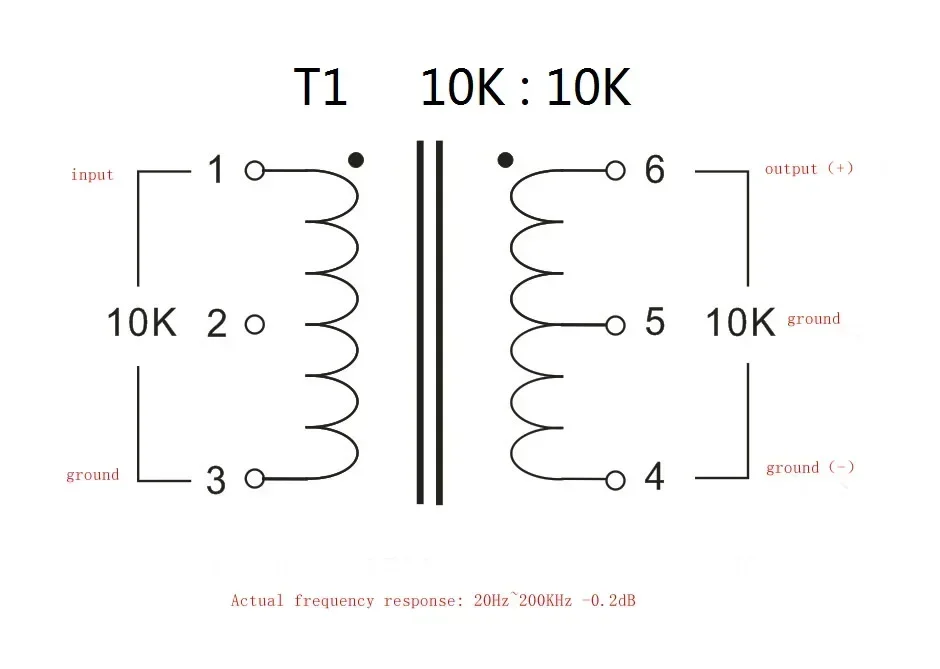 10K: 10K audio isolation transformer with permalloy shield, anti-interference, pre-signal transformer, 20-200KHz -0.2dB
