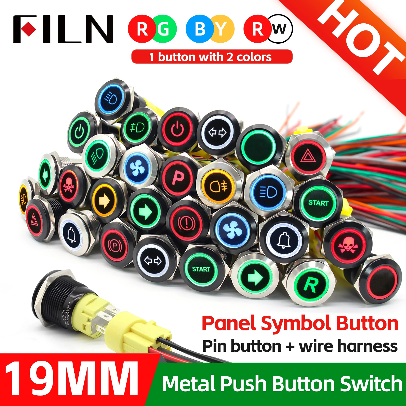 FILN 19mm 12V 24V LED Stainless Steel Black Metal Push Button Switch Dashboard Warning Symbol ON OFF Car Racing   Switch