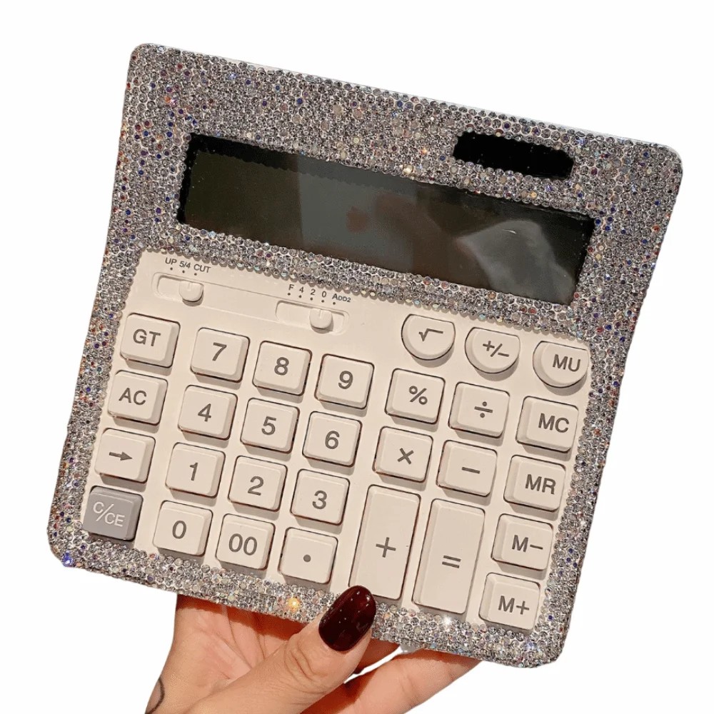 

Shiny Rhinestone Calculator Dual Power Light Luxury 12-Digit Calculator Large Screen Display Stationery
