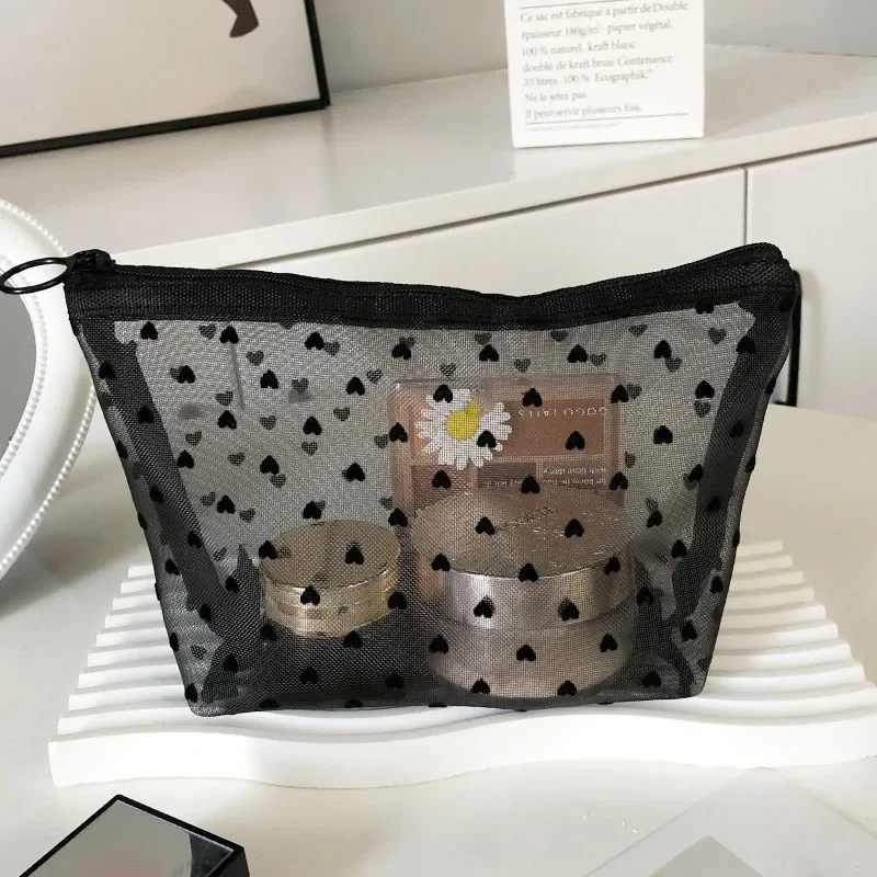 Women Cosmetic Pouch Toilet Storage Bag Ladies Toiletry Lipstick Key Coin Organizer Bags Purse Heart Transparent Mesh Makeup Bag