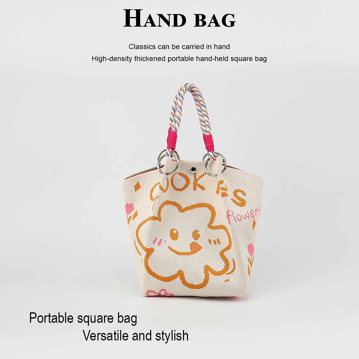 Women's casual handbag, featuring cute cartoon patterns, detachable circular handle, multi-colored rope strap, easy and quick to close, suitable for commuting, shopping, traveling, and outings, can hold a cell phone, w